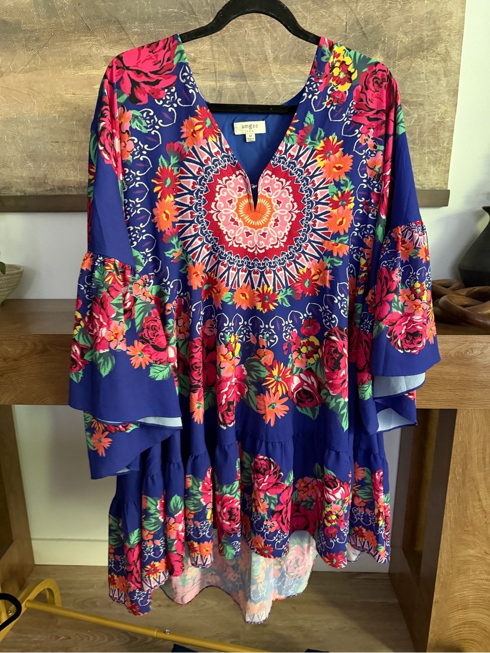 Umgee Blue Floral Medallion Ruffle Dress